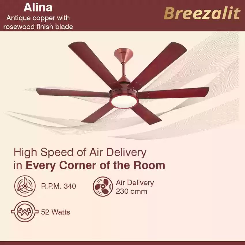 Breezalit Alpha Alina 6 blades Remote Controlled Underlight Rose Wood 48" Decorative Ceiling Fan