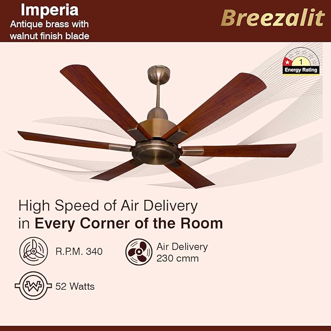 Breezalit Alpha Imperia 6 Blades Antique Copper Designer Living Room Ceiling Fan